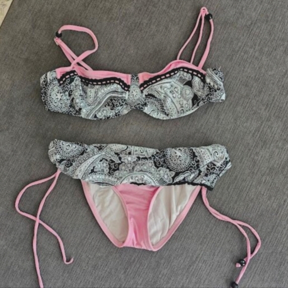 Rampage Black & Pink retro Bralette Large foldover Bikini bottom sz S 2 pc Set - Picture 1 of 7